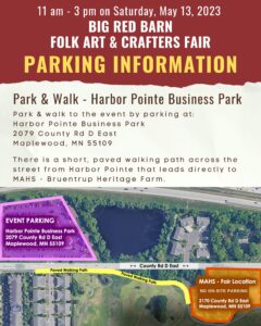 Graphic showing the location of the Harbor Pointe Parking Lot in relation to the Maplewood Area Historical Society, with the walking trail outlined in yellow